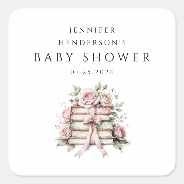 Pink Bow Bookstack Baby Shower Square Sticker (Front)
