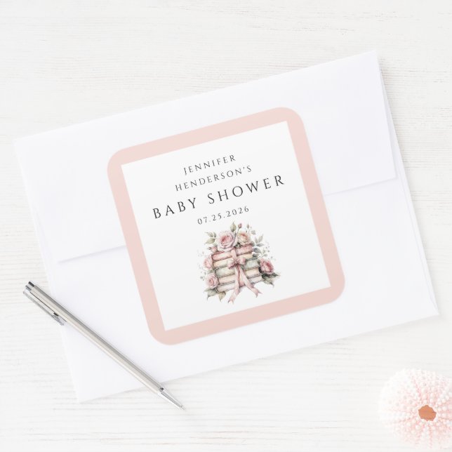Pink Bow Bookstack Baby Shower Square Sticker (Envelope)