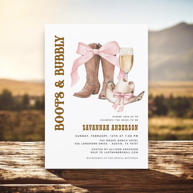 Pink Bow Boots & Bubbly Western Bridal Shower Invitation (Creator Uploaded)