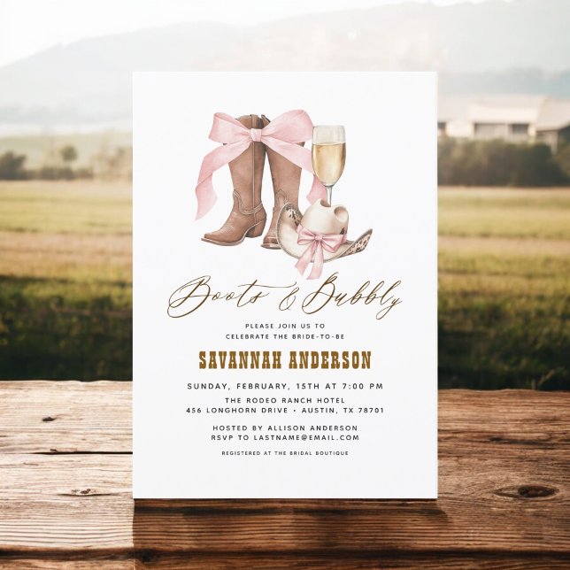 Pink Bow Boots & Bubbly Western Bridal Shower Invitation (Creator Uploaded)