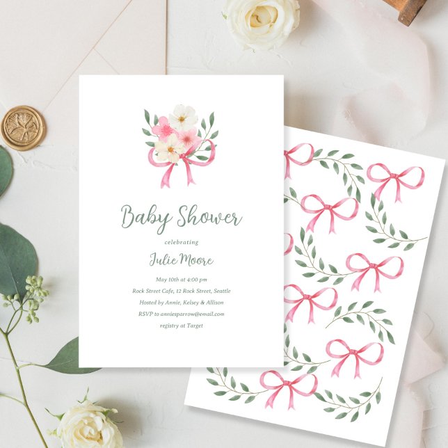 Pink Bow Bouquet Baby Shower Invitation (Creator Uploaded)