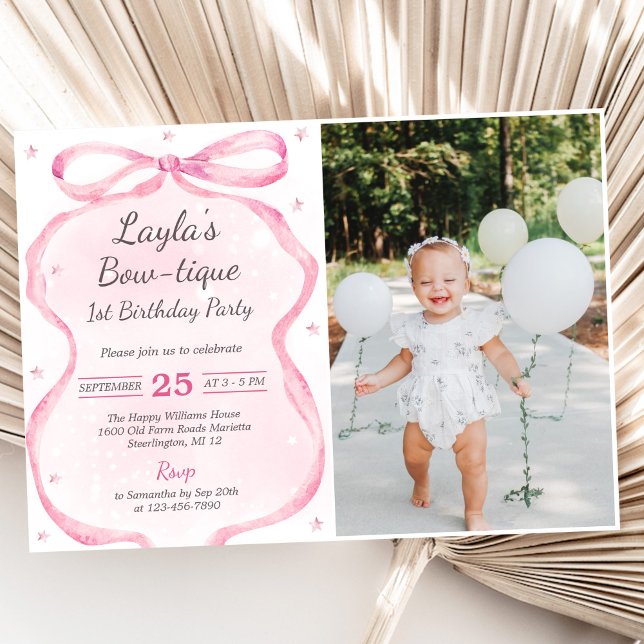 Pink Bow Boutique 1st Birthday Party Photo Invitation (Creator Uploaded)