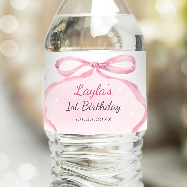 Pink Bow Boutique 1st Birthday Party  Water Bottle Label (Creator Uploaded)