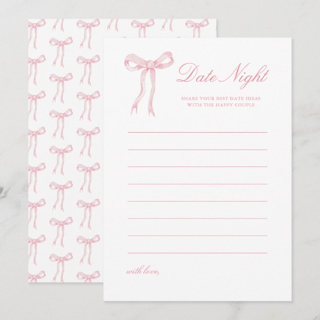 Pink Bow Bridal Shower Date Night Ideas Card (Front/Back)