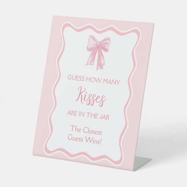 Pink Bow Bridal Shower Game Guess How Many Kisses Pedestal Sign (Front)