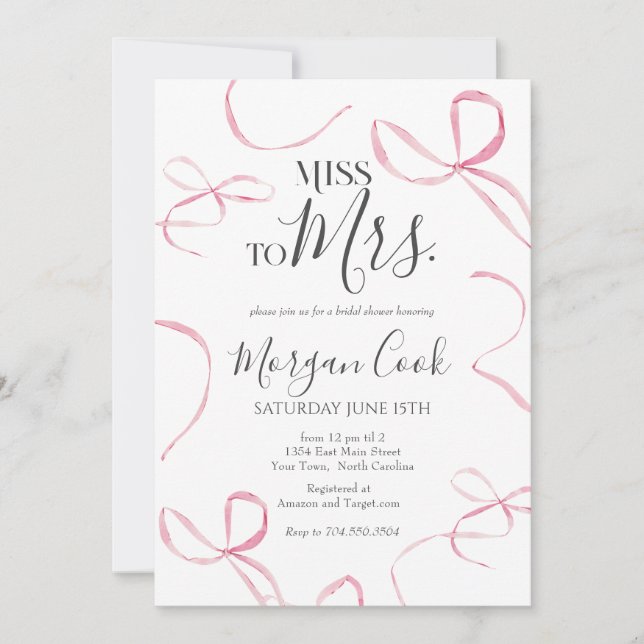 Pink bow Bridal Shower Invitation, miss to mrs  Invitation (Front)