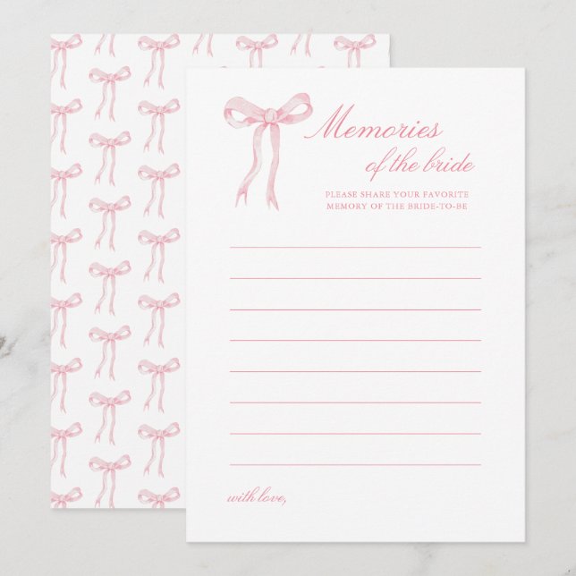 Pink Bow Bridal Shower Memories of Bride Advice Card (Front/Back)