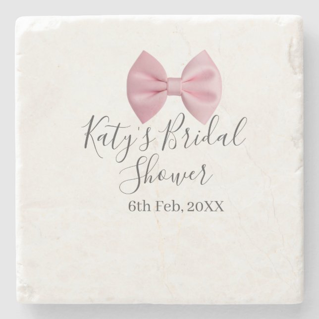 Pink bow bridal shower name date pastel stylish te stone coaster (Front)