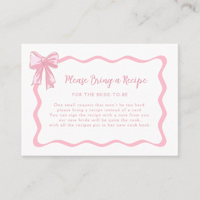 Pink Bow Bridal Shower Recipe Request Enclosure Card (Front)