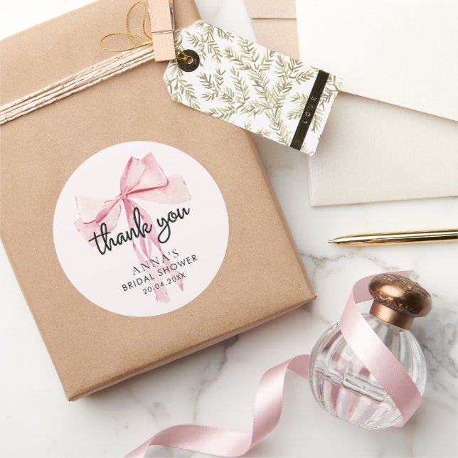 Pink Bow Bridal Shower Thank You Classic Round Sticker (Gifting)