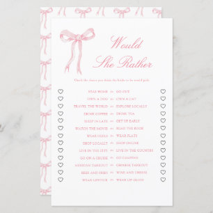 Pink Bow Bridal Shower Would She Rather Game