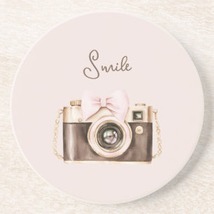 Pink Bow Brown Camera Smile Coaster