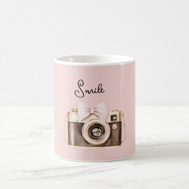 Pink Bow Brown Camera Smile Coffee Mug (Center)