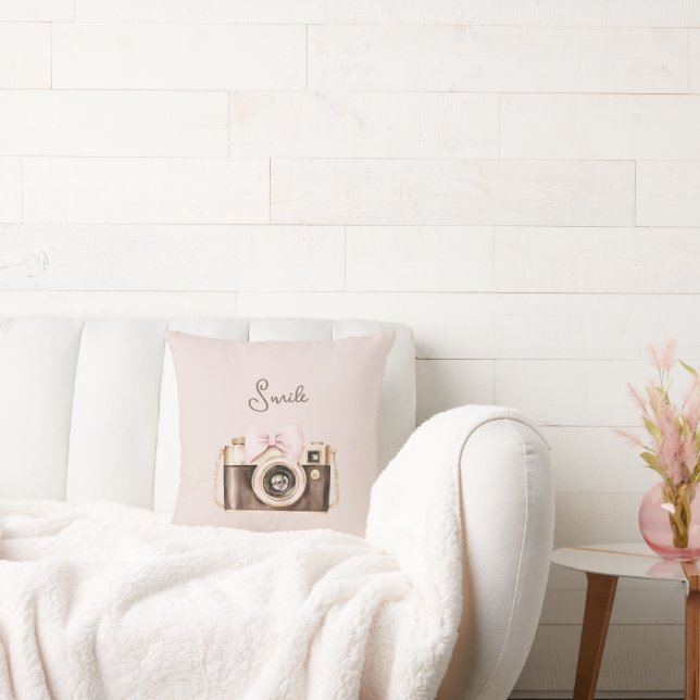 Pink Bow Brown Camera Smile Cushion (Couch)