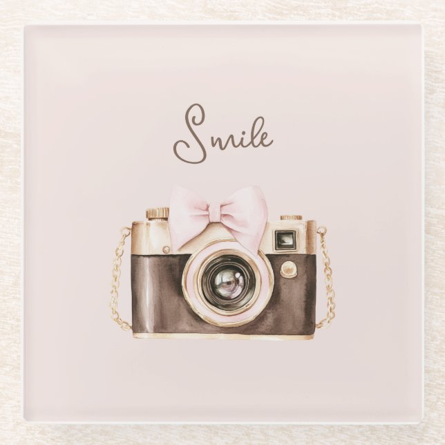 Pink Bow Brown Camera Smile Glass Coaster (Front)