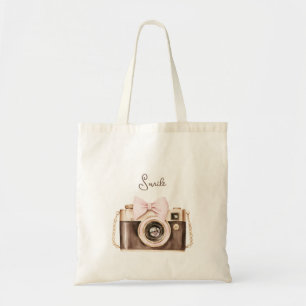 Pink Bow Brown Camera Smile Tote Bag