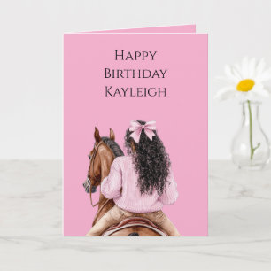 Pink Bow Brown Horse Black Hair Girl Birthday Card