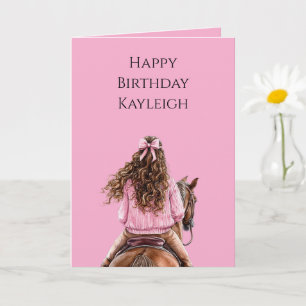 Pink Bow Brown Horse Brown Hair Girl Birthday Card
