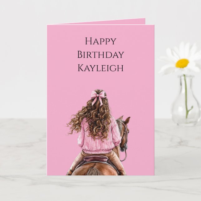 Pink Bow Brown Horse Brown Hair Girl Birthday Card (Small Plant)