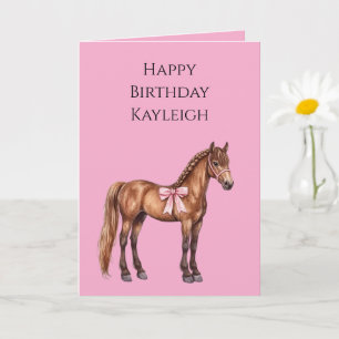 Pink Bow Brown Horse with Braid Birthday Card