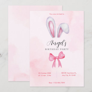 Pink bow bunny birthday invitation