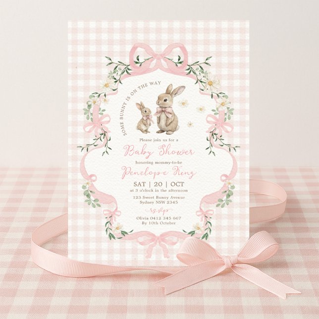 Pink Bow Bunny Gingham Floral Girl Baby Shower Invitation (Creator Uploaded)