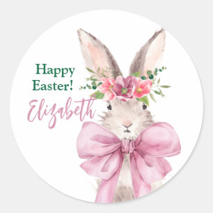 Pink bow bunny Happy easter  rabbit  Classic Round Sticker