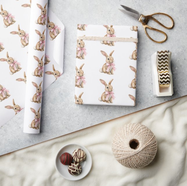 Pink Bow Bunny Rabbits Birthday   Wrapping Paper (Crafts)