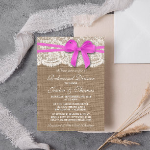 Pink Bow Burlap & Lace Wedding Rehearsal Dinner Invitation