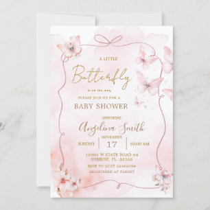 Pink Bow Butterfly Baby Shower Invitation 