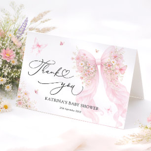 Pink Bow Butterfly Baby Shower Thank You Card