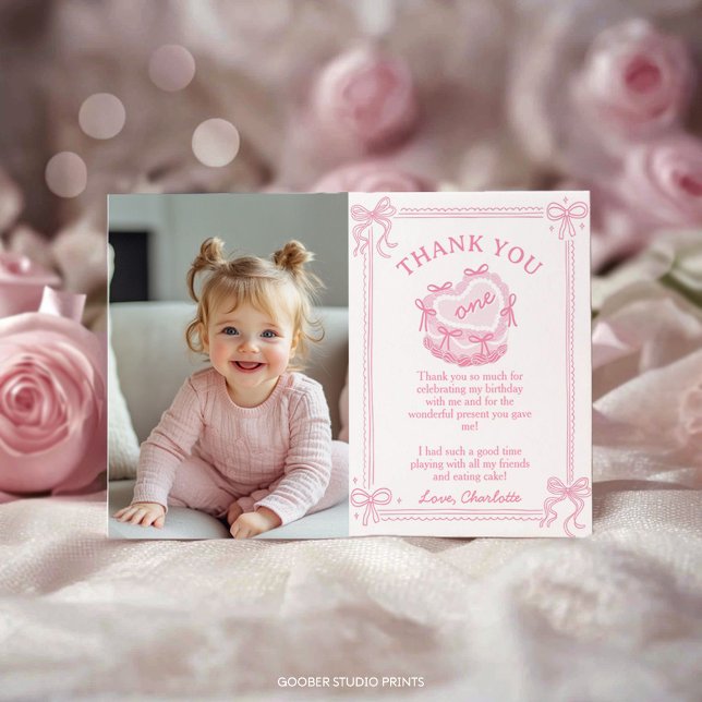 Pink Bow Cake Birthday Photo Thank You Card (Creator Uploaded)