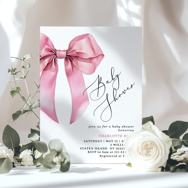 Pink Bow calligraphy Coquette Baby Shower Invitation (Creator Uploaded)