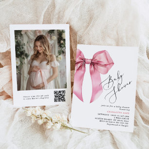 Pink Bow calligraphy Photo QR code Baby Shower Invitation
