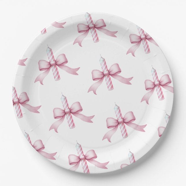 Pink Bow Candle Girls Just Wanna Be One Birthday  Paper Plate (Front)
