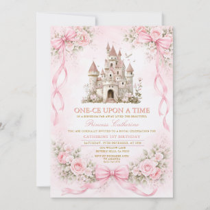 Pink Bow Castle First Birthday Invitation