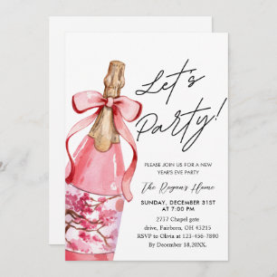 Pink Bow Champagne Bottle New Year's Eve Party Invitation