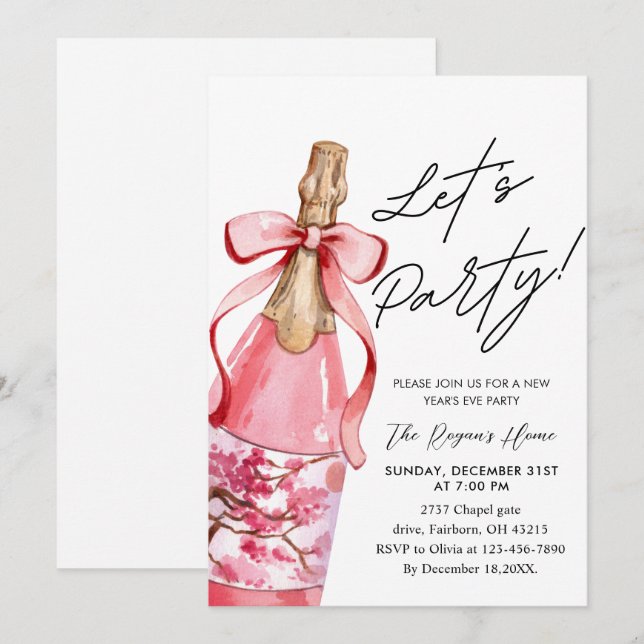 Pink Bow Champagne Bottle New Year's Eve Party Invitation (Front/Back)