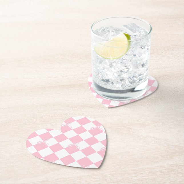 Pink Bow Chequered Girly Heart Shaped Paper Coaster (Insitu)