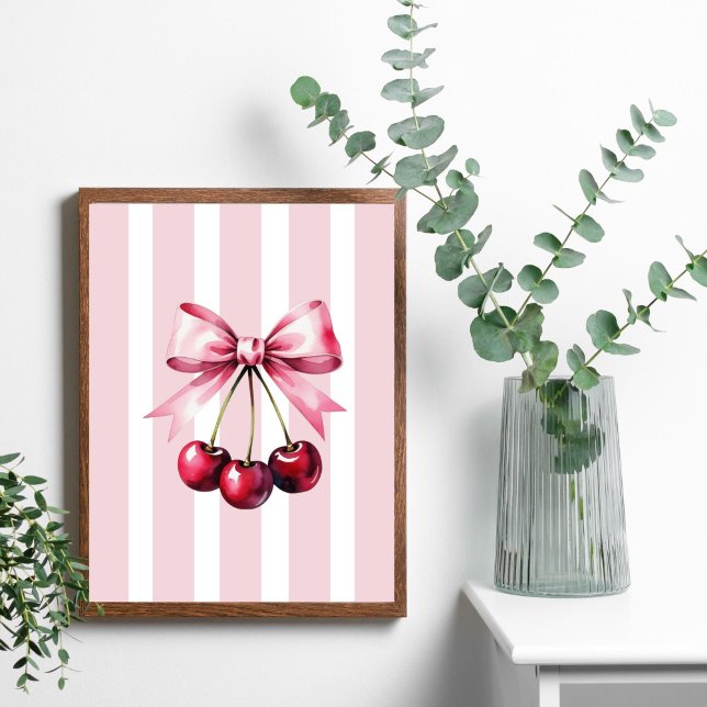 Pink Bow Cherries Coquette Aesthetic Stripes Girly Poster (Pink bow cherries wall art poster print. Trendy Girly Bedroom Dorm Room Apartment Wall Art)