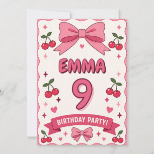 Pink Bow Cherry 9th Birthday Party Invitation