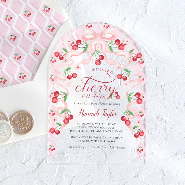Pink Bow Cherry Baby Shower Acrylic Invitations (Creator Uploaded)