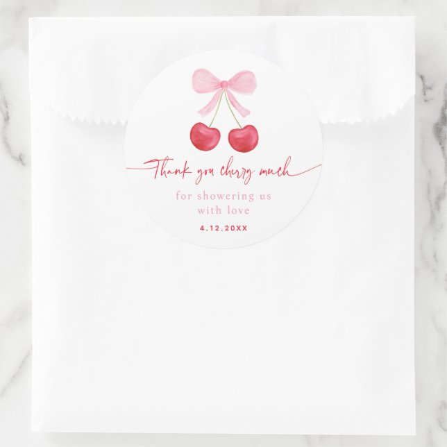 Pink Bow Cherry Baby Shower Classic Round Sticker (Bag)