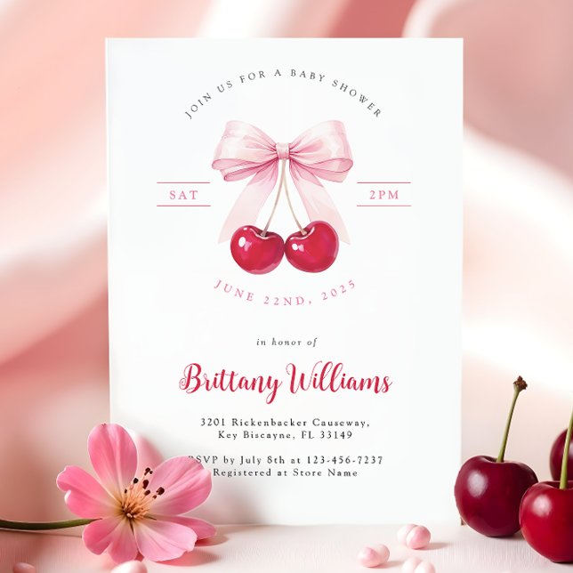 Pink Bow Cherry Baby Shower Invitation (Creator Uploaded)