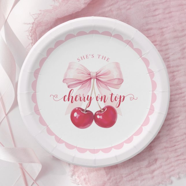 Pink Bow Cherry Baby Shower Paper Plates (Creator Uploaded)