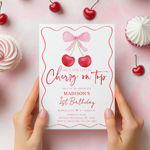 Pink Bow Cherry First Birthday Invitation