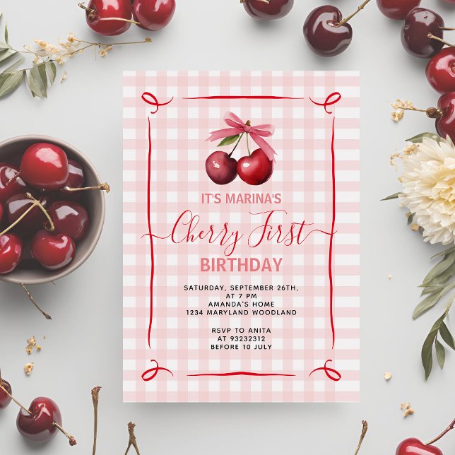 Pink Bow Cherry First Birthday Party Invitation (Creator Uploaded)