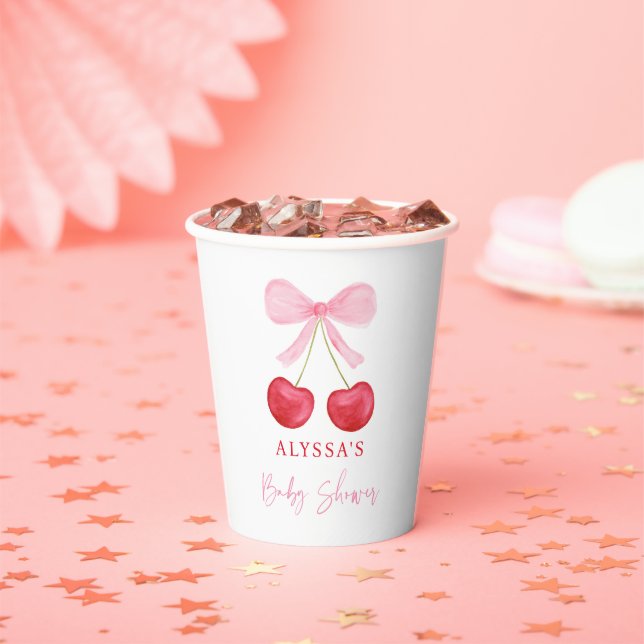 Pink Bow Cherry Girl Baby Shower Paper Cups (Insitu)