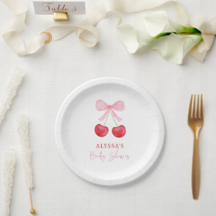 Pink Bow Cherry Girl Baby Shower Paper Plate