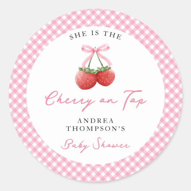 Pink Bow Cherry on Top Baby Shower Gingham Classic Round Sticker (Front)